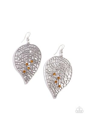E-87 paparazzi Silver Leaf Filigree Earrings with Amber Stones